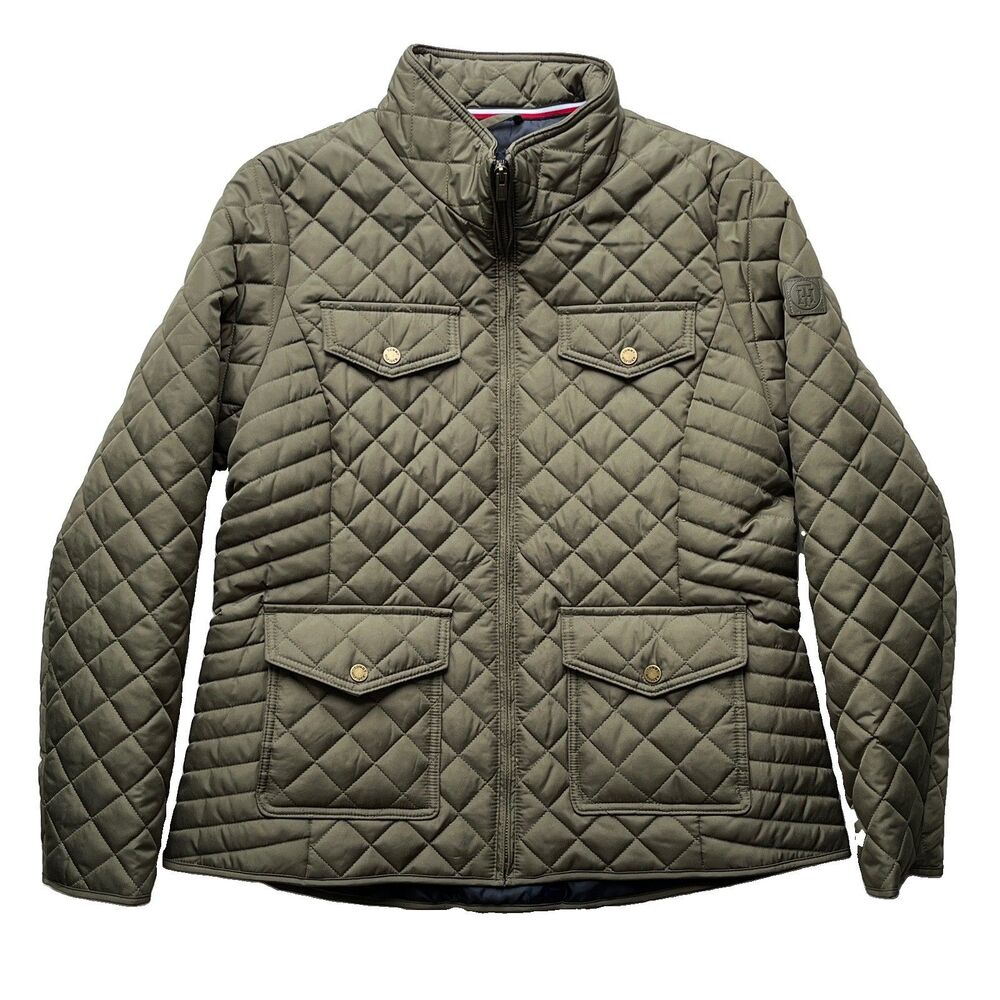 Tommy Hilfiger Womens Full Zip Utility Quilted Jacket Country Barn Coat L Olive